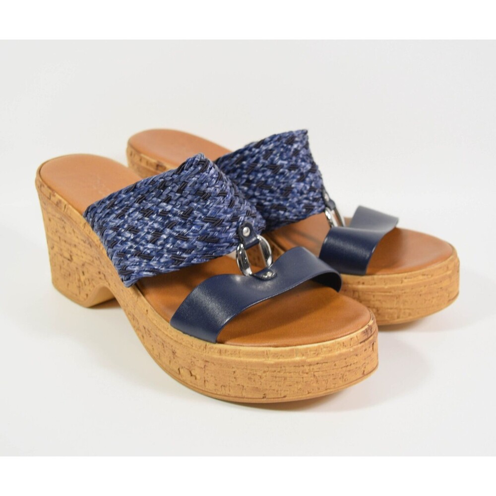 Toscanella Italy Blue Straw Slip On Double Band Platform Sandals Sz 9.5